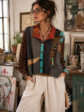 Surya Abstract Patchwork Button Up Jacket Boho Artistic Mixed Print Top Eclectic